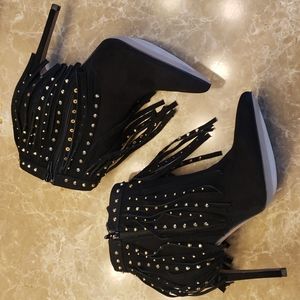 Express black micro suede cowhide fringed w gold-embellished ankle booti…